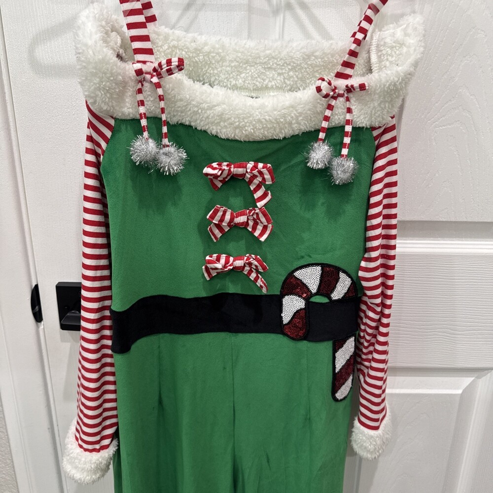 Elf Jumpsuit Holiday Costume Off Shoulder Red Stripe Pompom Candy Cane Women’s L